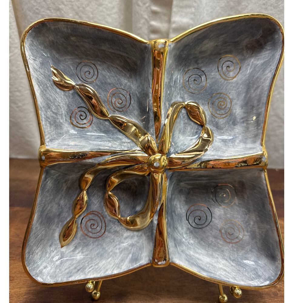 Laurie Gates Hand Painted Ceramic Divided Serving Condiment Dish Tray Platter